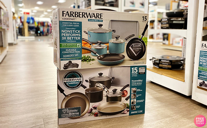 Farberware Cookstart DiamondMax Nonstick Cookware Set on the Floor