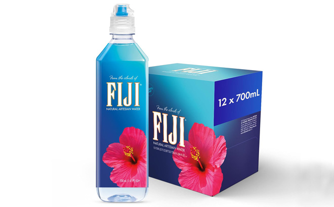 Fiji Water Bottle Beside a Box