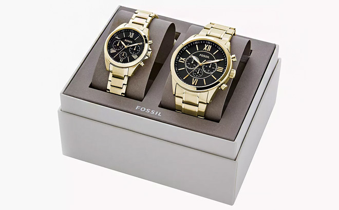 Fossil His and Her Chronograph Gold Tone Stainless Steel Watch Gift Set