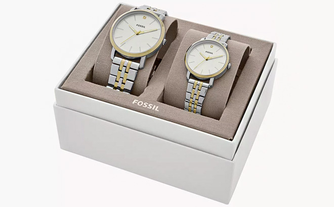 Fossil His and Her Lux Luther Three Hand Stainless Steel Watch Gift Set