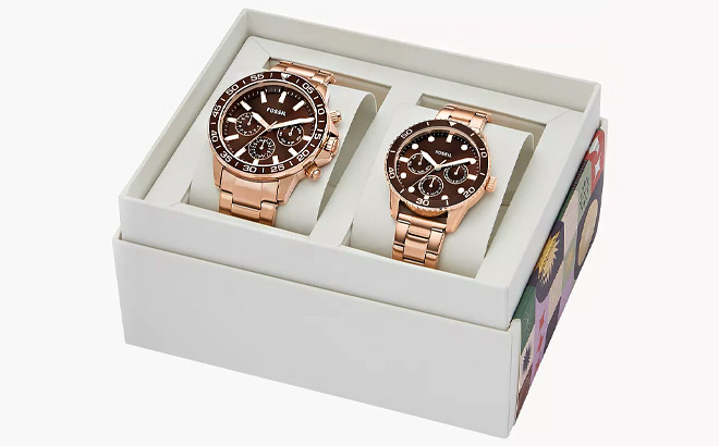 Fossil His and Hers Multifunction Rose Gold Tone Stainless Steel Watch Box Set