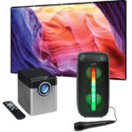 GPX HD Projector with 140 Inch Screen Bluetooth Tailgate Speaker Bundle