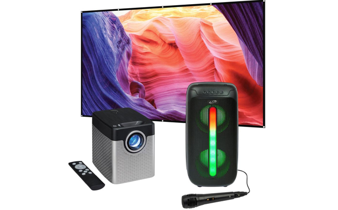 GPX HD Projector with 140 Inch Screen Bluetooth Tailgate Speaker Bundle