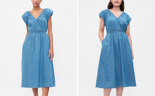 Gap Factory Denim Puff Sleeve Midi Dress