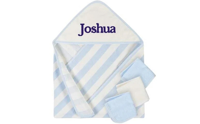 Gerber Embroidered 4 Piece Boys Striped Blue Hooded Towel Washcloths Set