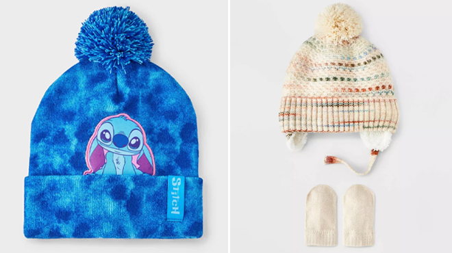 Girls Disney Stitch Tie Dye Pom Beanie and Cat Jack Baby Striped Pom Hat and Mitten Set