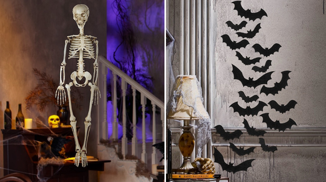 Haunted Living 3 Feet Hanging Skeleton Decoration and Haunted Living 18 Count Bag of Bats Decoration