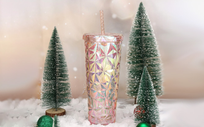 Holiday Time 26 oz Plastic Double Wall Insulated Prismatic Textured Tumbler in Pink Prism Iridescent