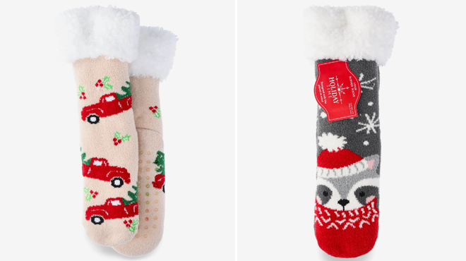 Holiday Time Christmas Tree Truck Slipper Socks and Holiday Time Womens Raccoon Slipper Socks