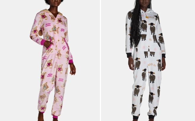 Holiday Time Womens Bear and Cow Print Union Suits with Hood