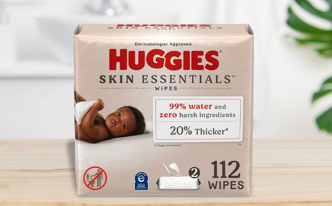 Huggies Skin Essentials Baby Wipes 112 Count on a Table