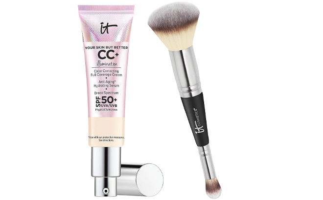 IT Cosmetics CC Cream Illumination SPF50 with Luxe Brush on a Plain Background