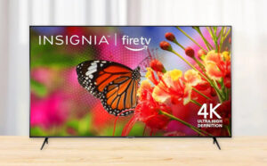 Insignia 70 Inch Class F50 Series LED 4K UHD Smart Fire TV on a Table