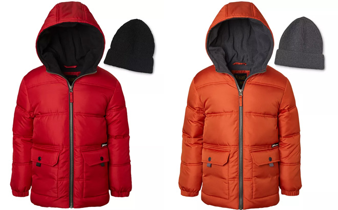 Ixtreme Toddler Little Boys Fleece Lined Full Zip Hooded Puffer Jacket with Ribbed Knit Beanie