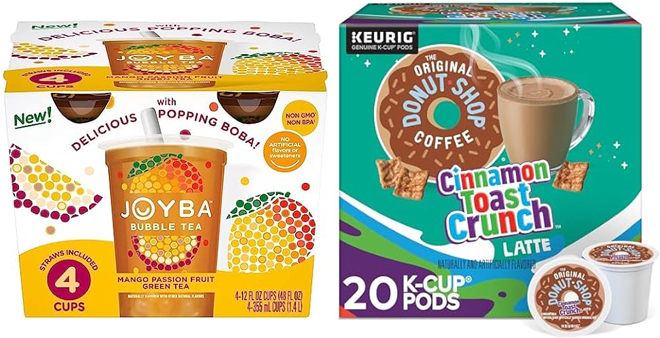 Joyba Mango Passion Fruit Green Bubble Tea and The Original Donut Shop Cinnamon Toast Crunch Latte Keurig Single Serve K Cup Pods