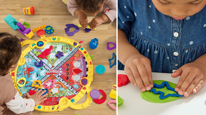 Kids Playing with Play Doh Fold Go Playmat Starter Set