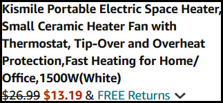 Kismile Portable Electric Space Heater Order Summary