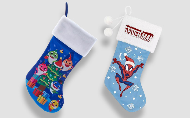 Kurt Adler Baby Shark Christmas Stocking and St Nicholas Square Marvel Spiderman Christmas Stocking