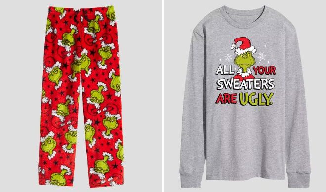 Licensed Character Boys Dr Seuss Grinch Pajama Pants and Mens Long Sleeve Tee