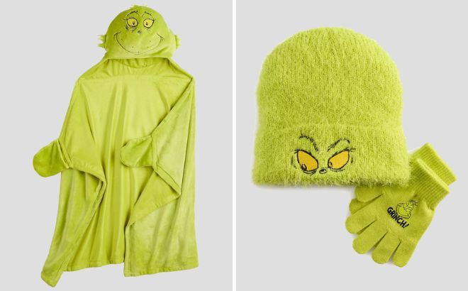 Licensed Character Kids Dr Seuss Grinch Hooded Throw Blanket and Boys Dr Seuss The Grinch Fuzzy Hat Gloves Set