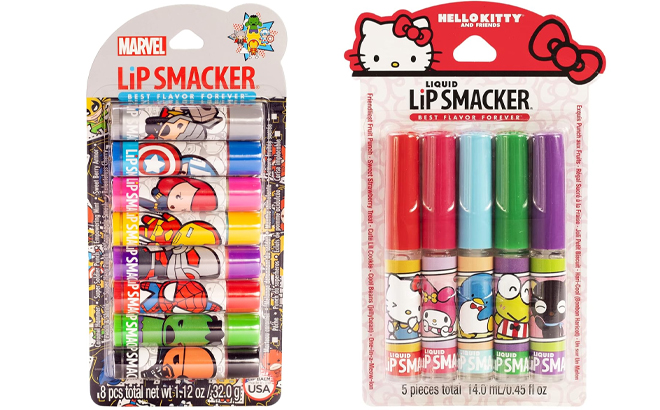 Lip Smacker Marvel Avenger Flavored Lip Balm Party Pack 8 Count and Lip Smacker Sanrio Hello Kitty and Friends Flavored Liquid Lip Gloss 5 Count