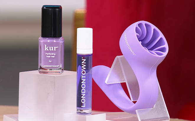 Londontown Violet Vibes 3 Piece Nail Set on a Product Stand