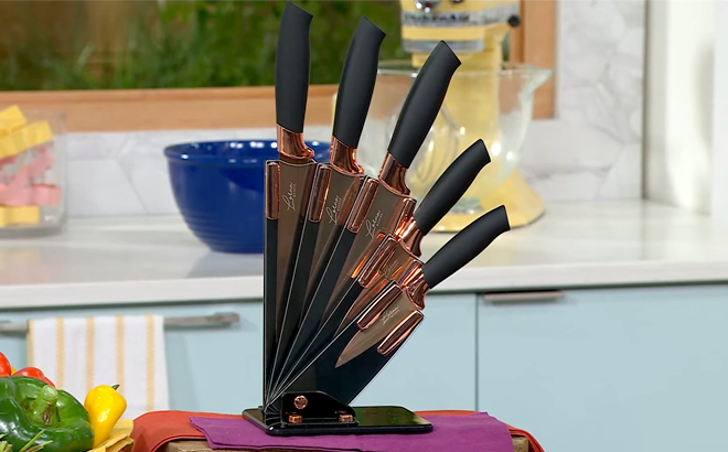 Lorna Maseko Ballerina 6 Piece Knife Block Set on a Kitchen Island