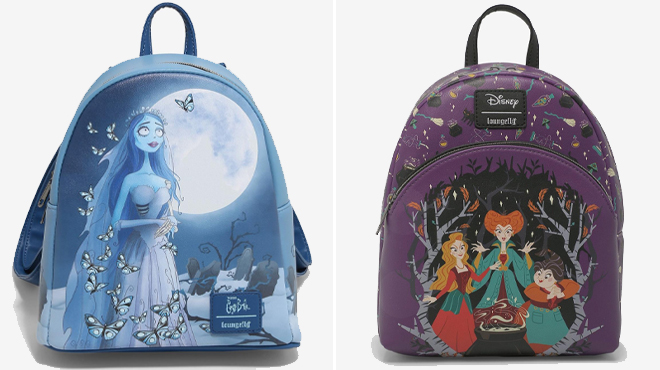 Loungefly Corpse Bride Emily Butterflies Glow In The Dark Mini Backpack and Loungefly Disney Hocus Pocus Sanderson Sisters Woods Mini Backpack