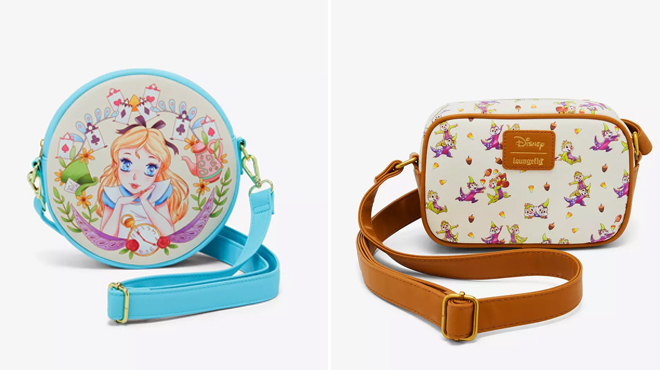 Loungefly Disney Alice In Wonderland Crossbody Bag on the left and Loungefly Disney Chip N Dale Monsters Crossbody Bag on the right