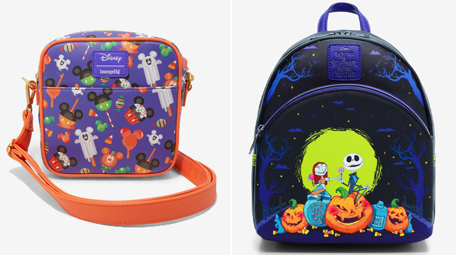 Loungefly Disney Mickey Mouse Halloween Treats Crossbody Bag and Loungefly The Nightmare Before Christmas Jack Sally Pumpkins Mini Backpack