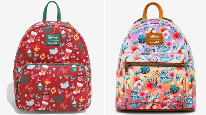 Loungefly Disney Mickey Mouse Holiday Sweets Treats Mini Backpack and Loungefly Disney Stitch Tropical Flowers Mini Backpack