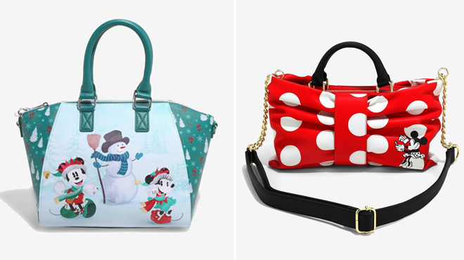 Loungefly Disney Mickey Mouse Minnie Mouse Snowman Satchel Bag and Loungefly Disney Minnie Mouse Bow Figural Crossbody Bag