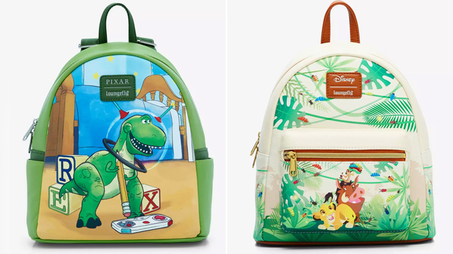 Loungefly Disney Pixar Toy Story Rex Little Mini Backpack on the left and Loungefly Disney The Lion King Mini Backpack on the right