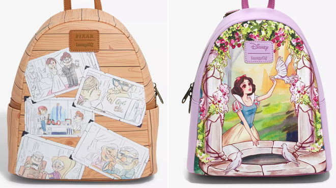 Loungefly Disney Pixar Up Carl Ellie Mini Backpack on the left and Loungefly Disney Snow White And The Seven Dwarfs Mini Backpack on the right