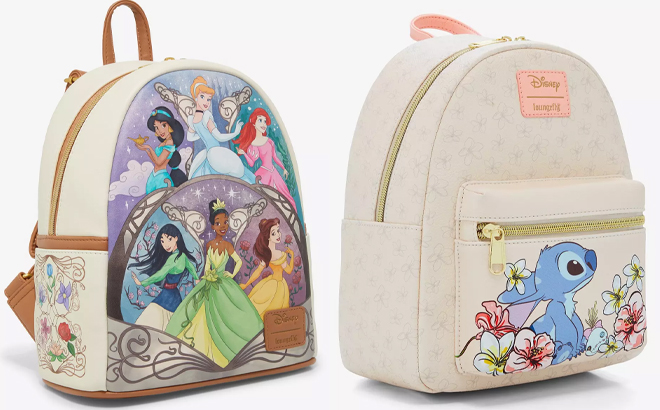 Loungefly Disney Princesses Mini Backpack and Loungefly Disney Stitch Tropical Flowers Mini Backpack