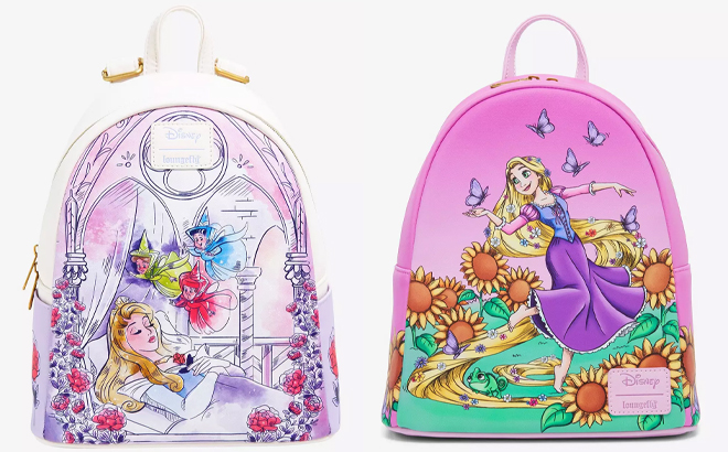 Loungefly Disney Sleeping Beauty Flowers Three Good Fairies Mini Backpack and Loungefly Disney Tangled Sunflower Field Mini Backpack