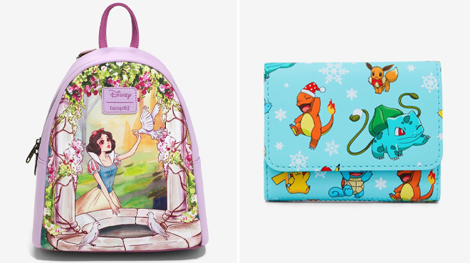 Loungefly Disney Snow White The Seven Dwarfs Wishing Well Portrait Mini Backpack and Loungefly Pokemon Holiday Mini Flap Wallet