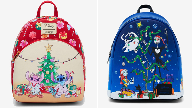 Loungefly Disney Stitch Angel Holiday Tree Mini Backpack and Loungefly The Nightmare Before Christmas Holiday Decorating Mini Backpack