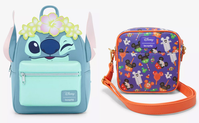 Loungefly Disney Stitch Flower Crown Mini Backpack and Loungefly Disney Mickey Mouse Halloween Treats Crossbody Bag