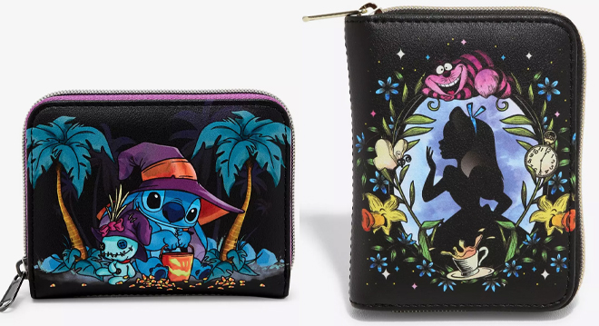 Loungefly Disney Stitch Scrump Trick Or Treat Mini Zipper Wallet and Loungefly Disney Alice In Wonderland Cameo Mini Zipper Wallet