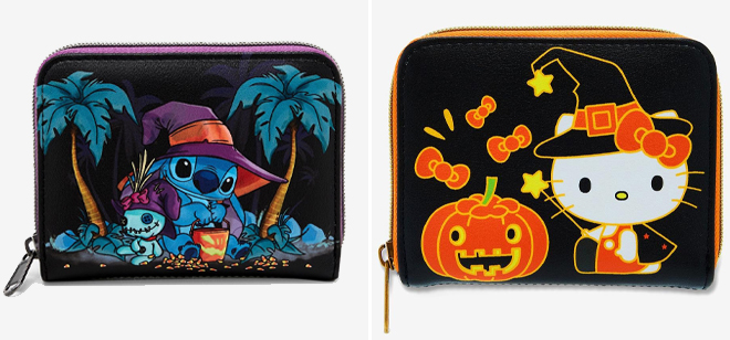 Loungefly Disney Stitch Scrump Trick Or Treat Mini Zipper Wallet and Loungefly Hello Kitty Halloween Mini Zipper Wallet