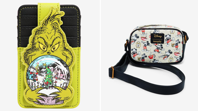 Loungefly How The Grinch Stole Christmas Grinch Snow Globe Cardholder and Loungefly Disney Mickey Mouse Poses Crossbody Bag