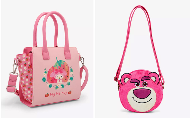 Loungefly My Melody Strawberries Mini Satchel Bag and Loungefly Disney Pixar Toy Story 3 Lotso Fuzzy Crossbody Bag