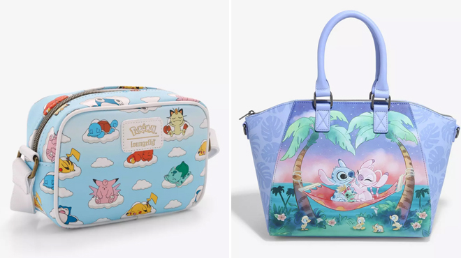 Loungefly Pokemon Sleeping Characters Crossbody Bag on the left and Loungefly Disney Stitch Angel Hammock Satchel Bag on the right 1