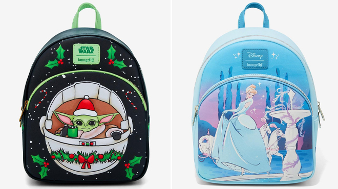 Loungefly Star Wars The Mandalorian Grogu Cocoa Holiday Mini Backpack and Loungefly Disney Cinderella Ball Gown Mini Backpack