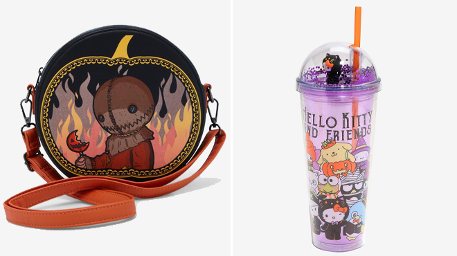 Louongefly Trick R Treat Sam Pumpkin Crossbody Bag and Disney Stitch Pumpkin Snow Globe