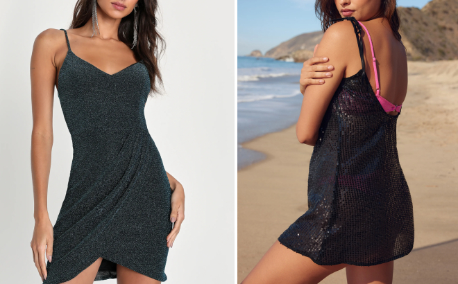 Lulus Metallic Teal Bodycon Dress and Black Sequin Swim Cover Up