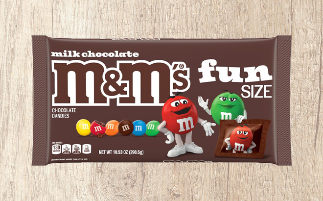 MMS Milk Chocolate Candy Fun Size 10 53 Ounce Bag on a Table