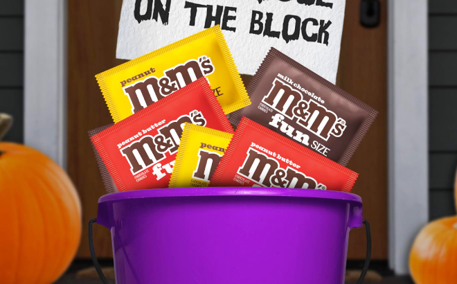 MMs Fun Size Bags in a Halloween Bucket