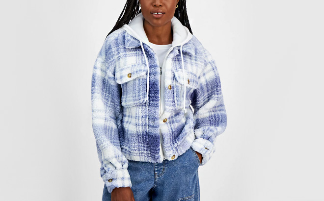 Madden Girl Juniors Plaid Sherpa Hoodie Jacket